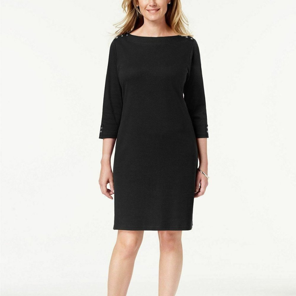 Karen Scott Petite Cotton Boat-Neck Black Dress PS